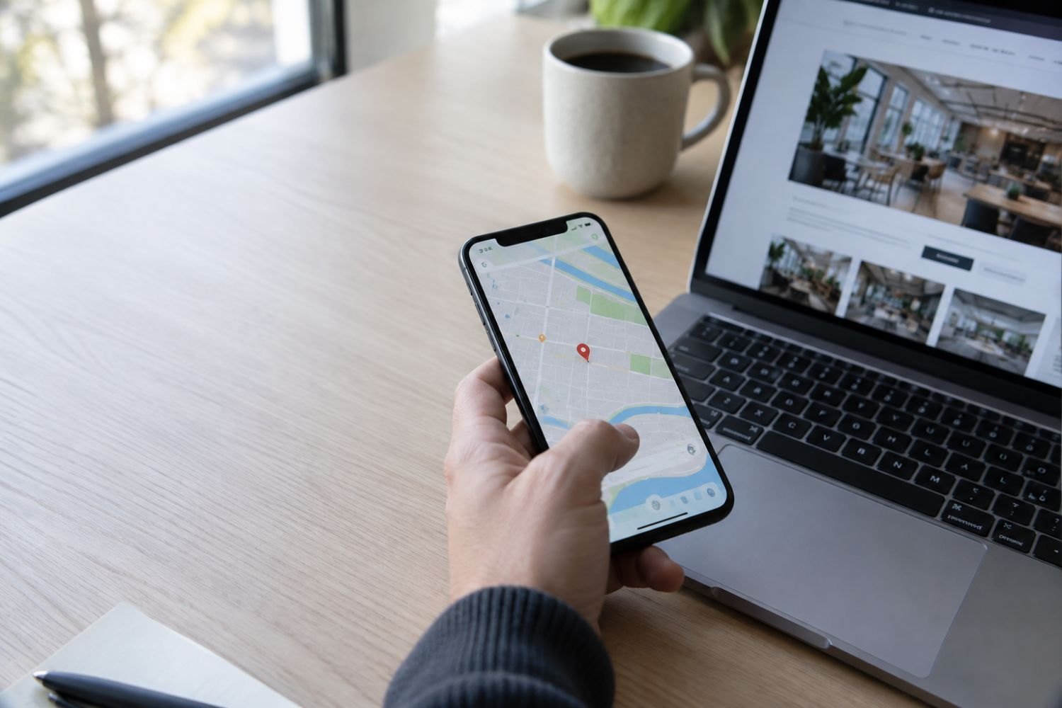 Hand met een telefoon waarop een kaart met een gemarkeerde plek staat, naast een laptop met een geopende website