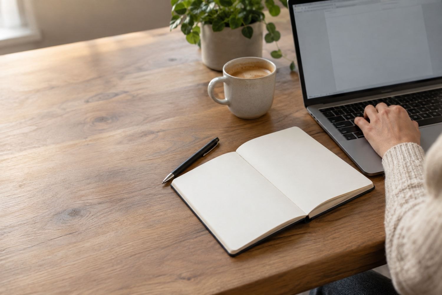 Iemand typt op een laptop aan een houten tafel, met een open notitieboek en koffie ernaast