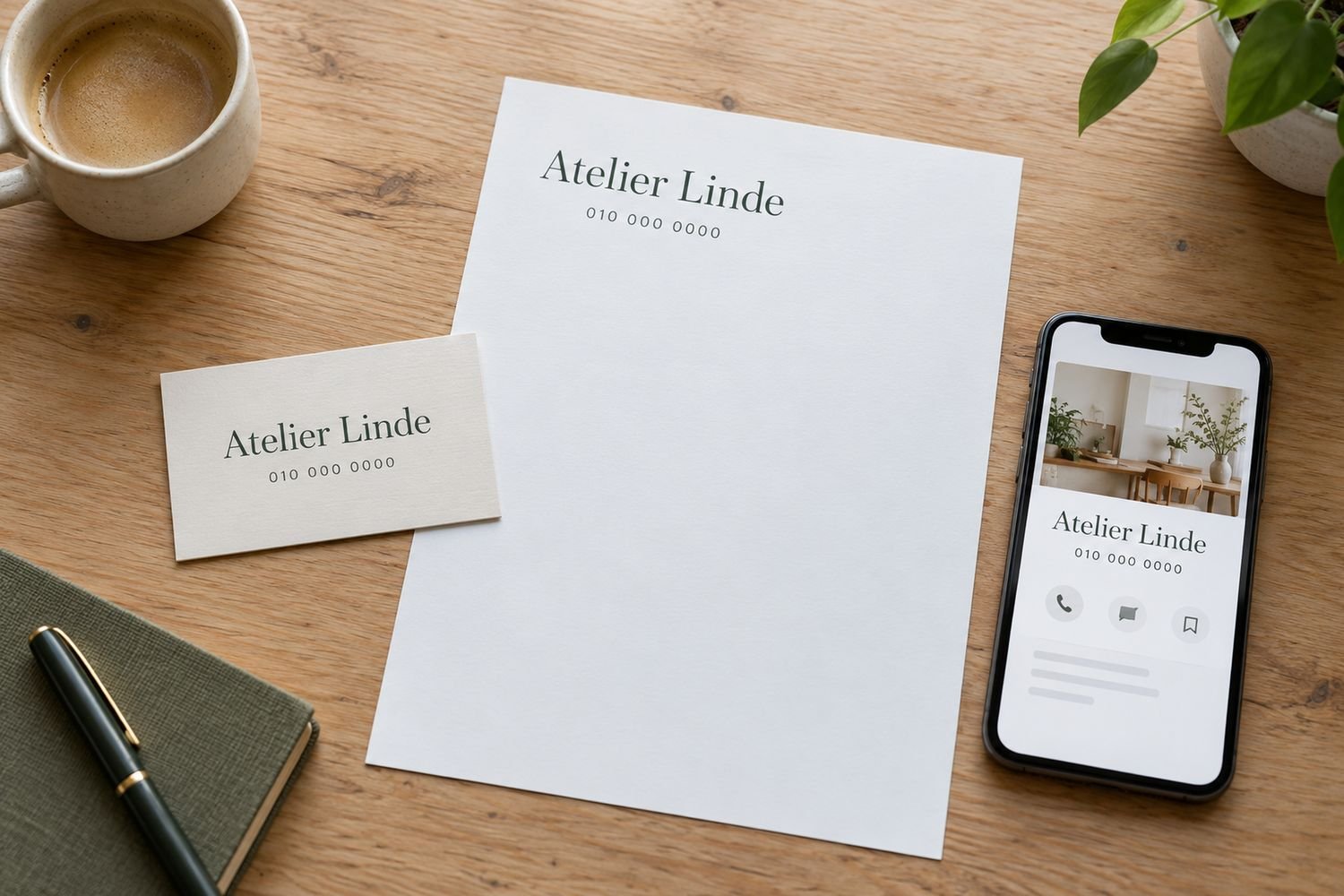 Visitekaartje, briefpapier en een telefoon met dezelfde bedrijfsnaam naast elkaar op tafel
