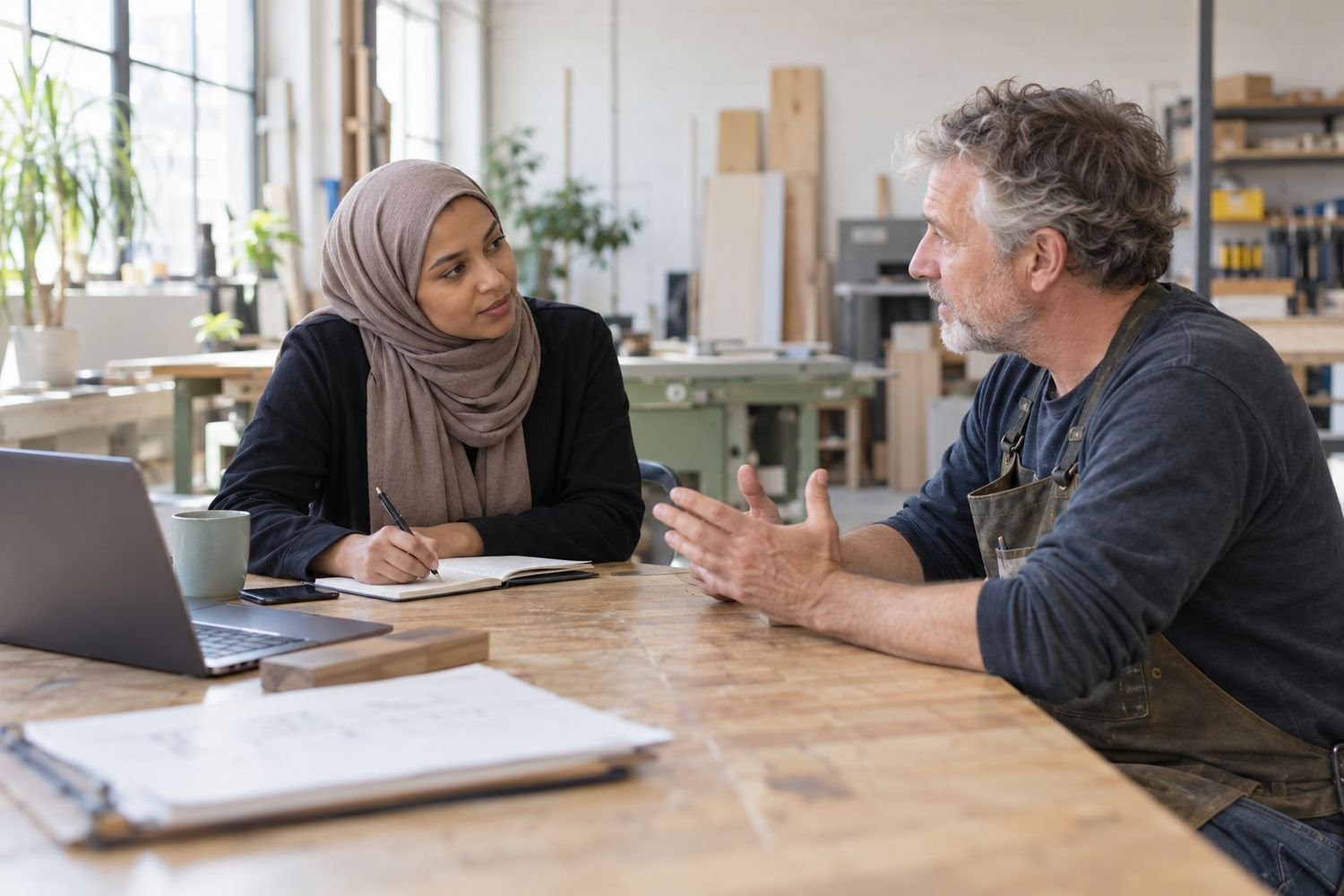 Twee mensen in gesprek aan een tafel in een werkplaats