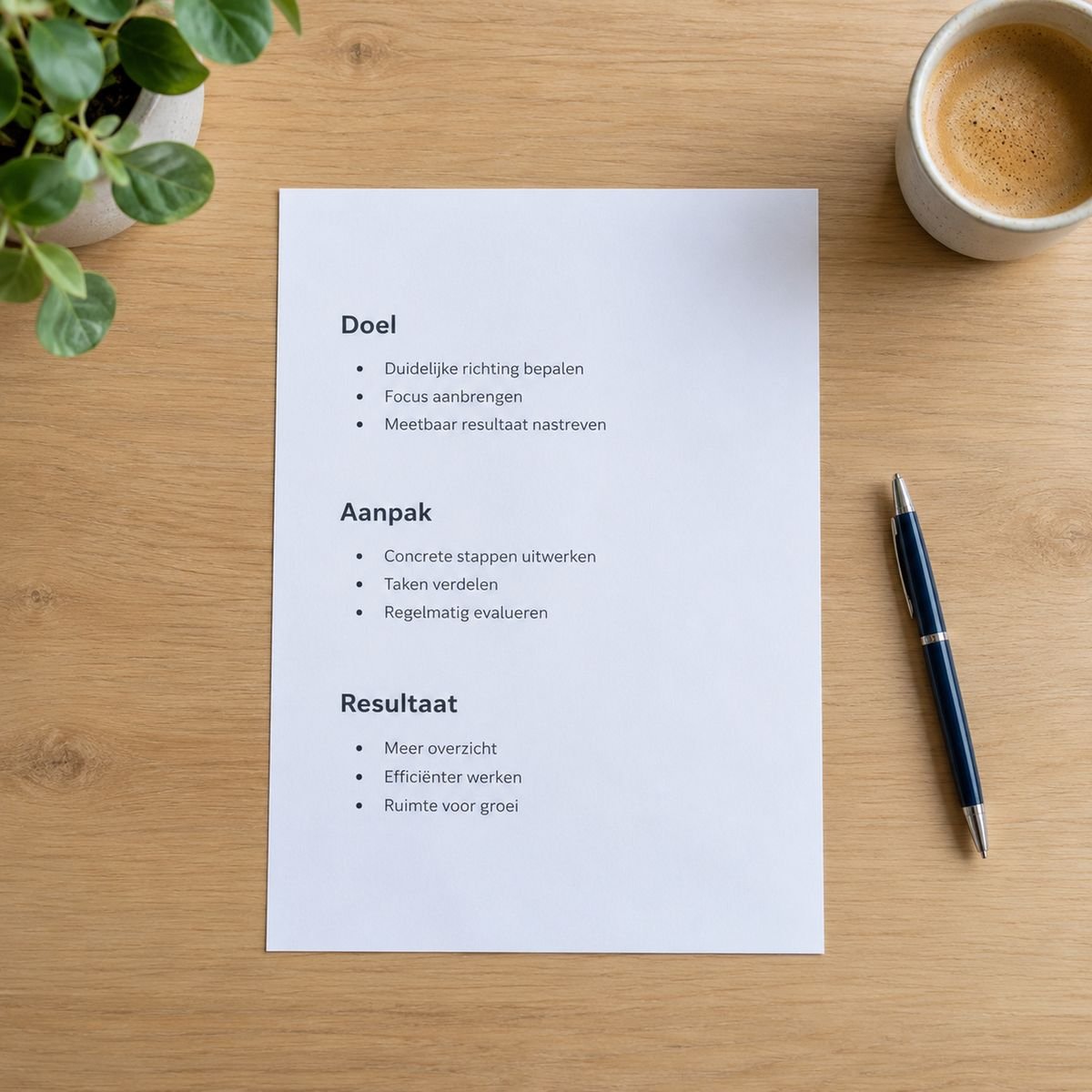 Eén vel papier met drie kopjes en korte opsommingen, met een pen ernaast op een houten bureau