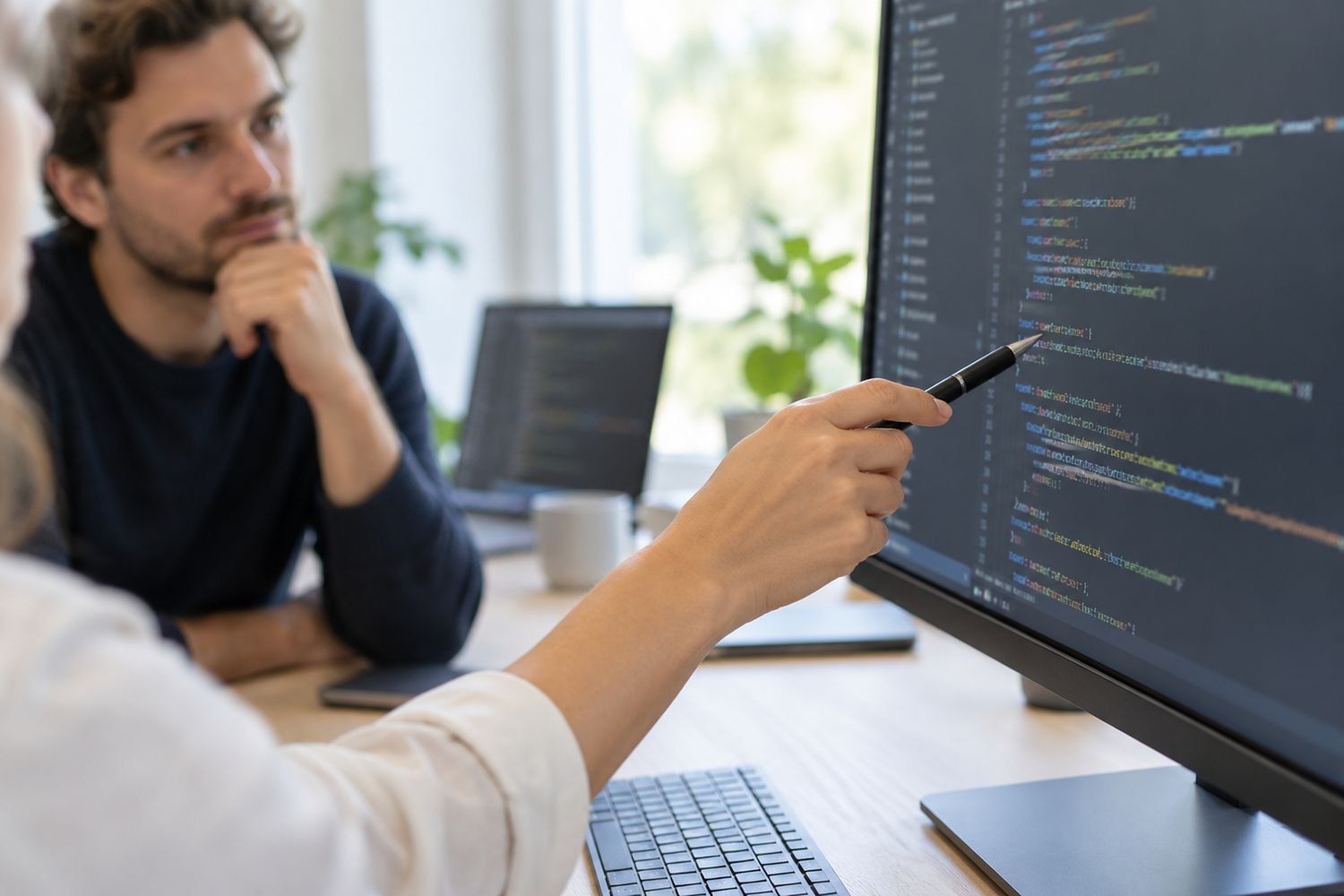 Iemand wijst met een pen naar code op een beeldscherm en legt die uit aan een collega