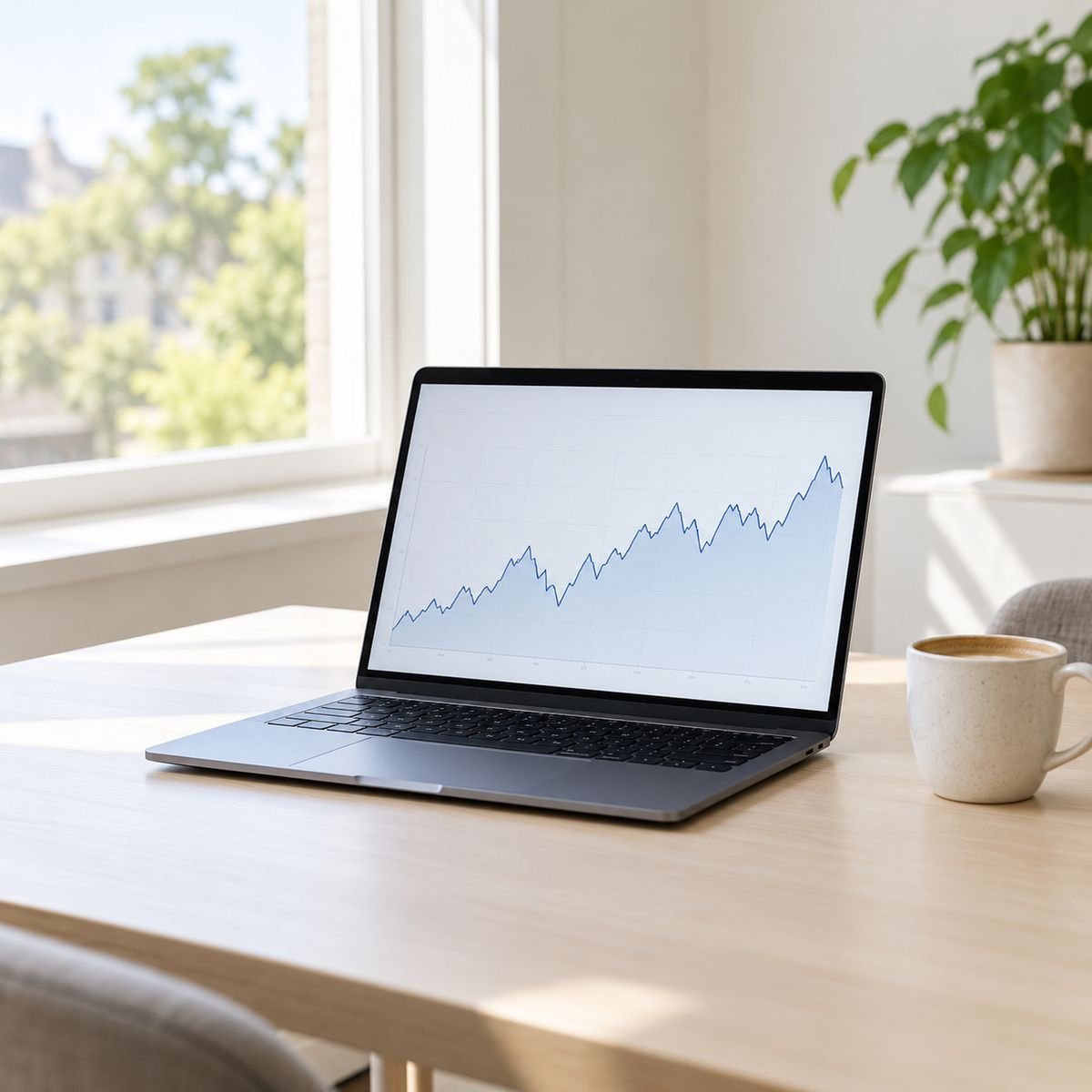 Laptop met een schommelende lijngrafiek op een lichte tafel bij het raam