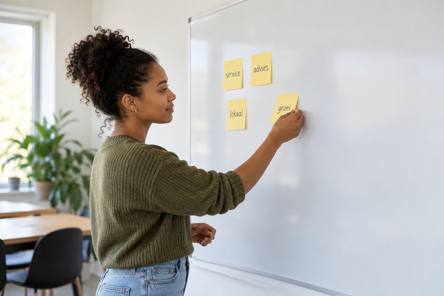 Vrouw plakt gele briefjes met zoekwoorden op een whiteboard