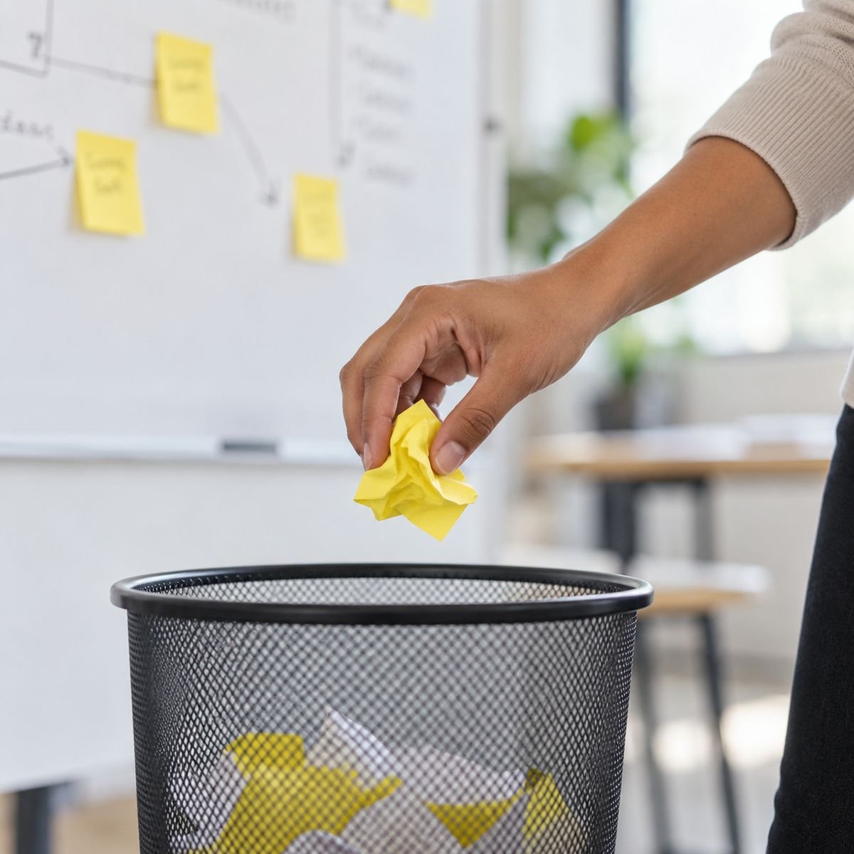 Hand die een vel papier in een prullenbak gooit, met een stapel papieren ernaast
