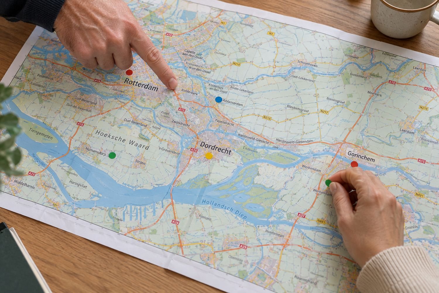 Twee handen wijzen plaatsen aan op een kaart van de regio rond Rotterdam en Dordrecht