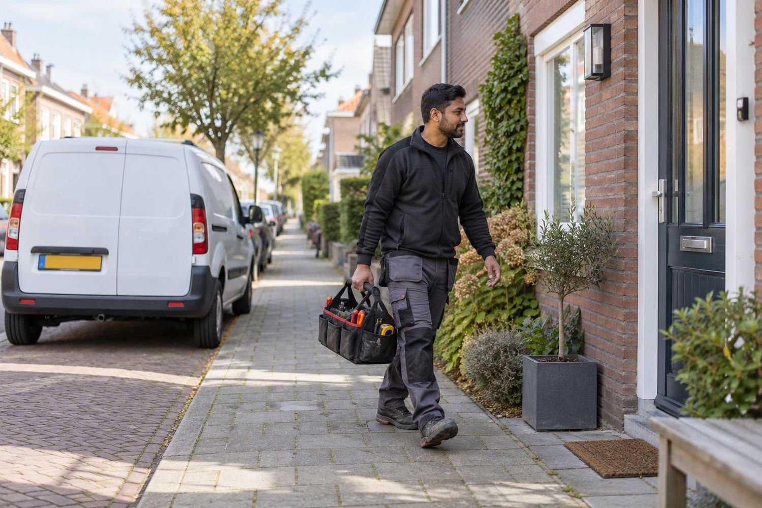 Vakman loopt met zijn gereedschapstas naar een woning in een woonwijk, zijn bus staat voor de deur