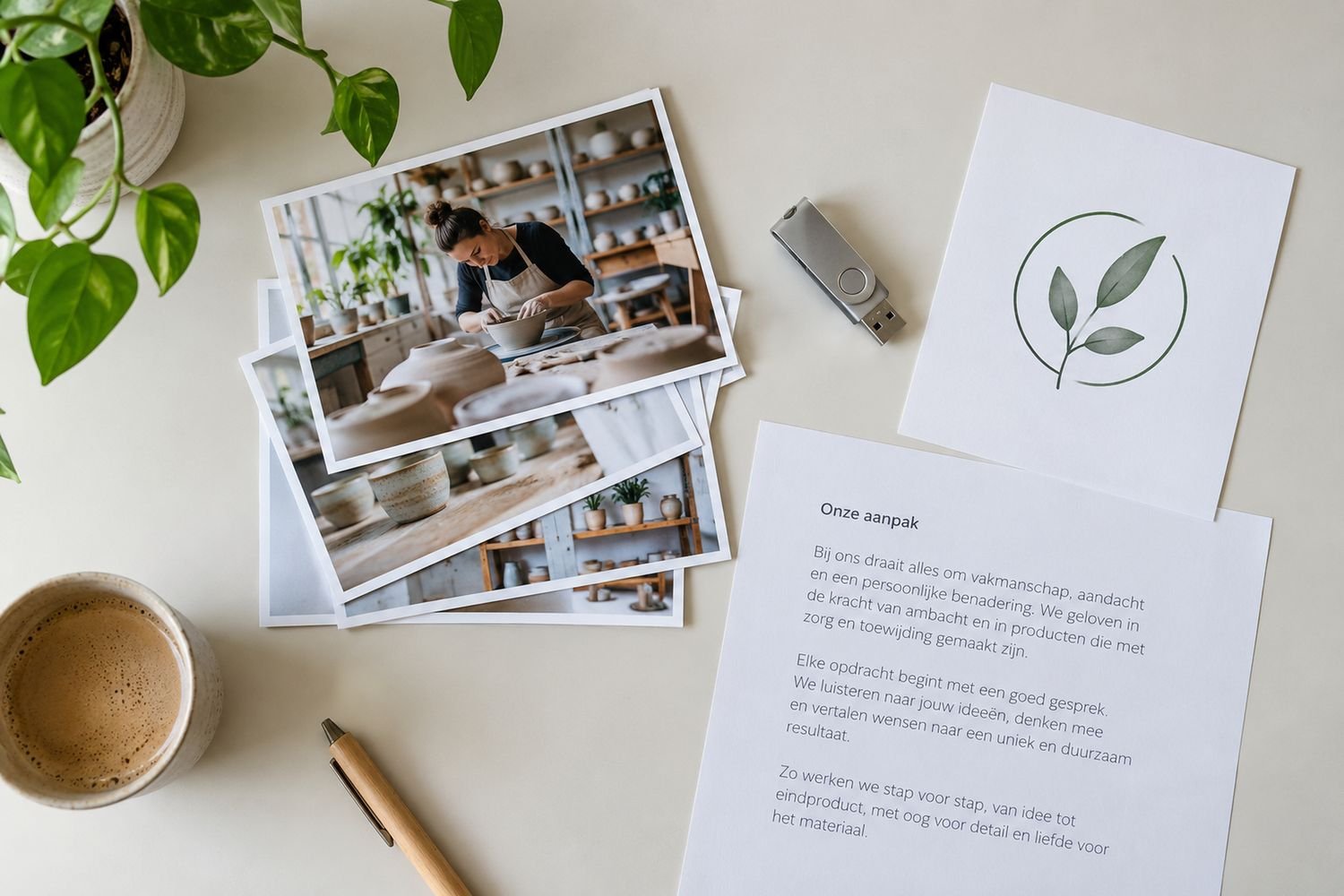 Foto's, een logo en een tekst over de aanpak van een bedrijf naast elkaar op een bureau
