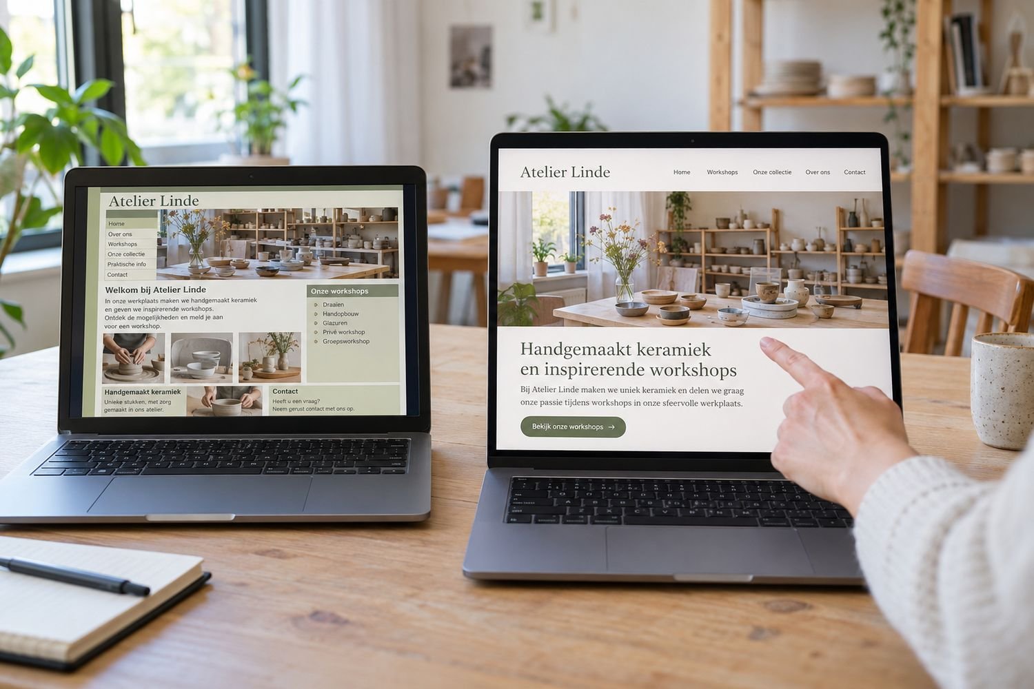 Twee schermen naast elkaar met een oude en een nieuwe versie van een website