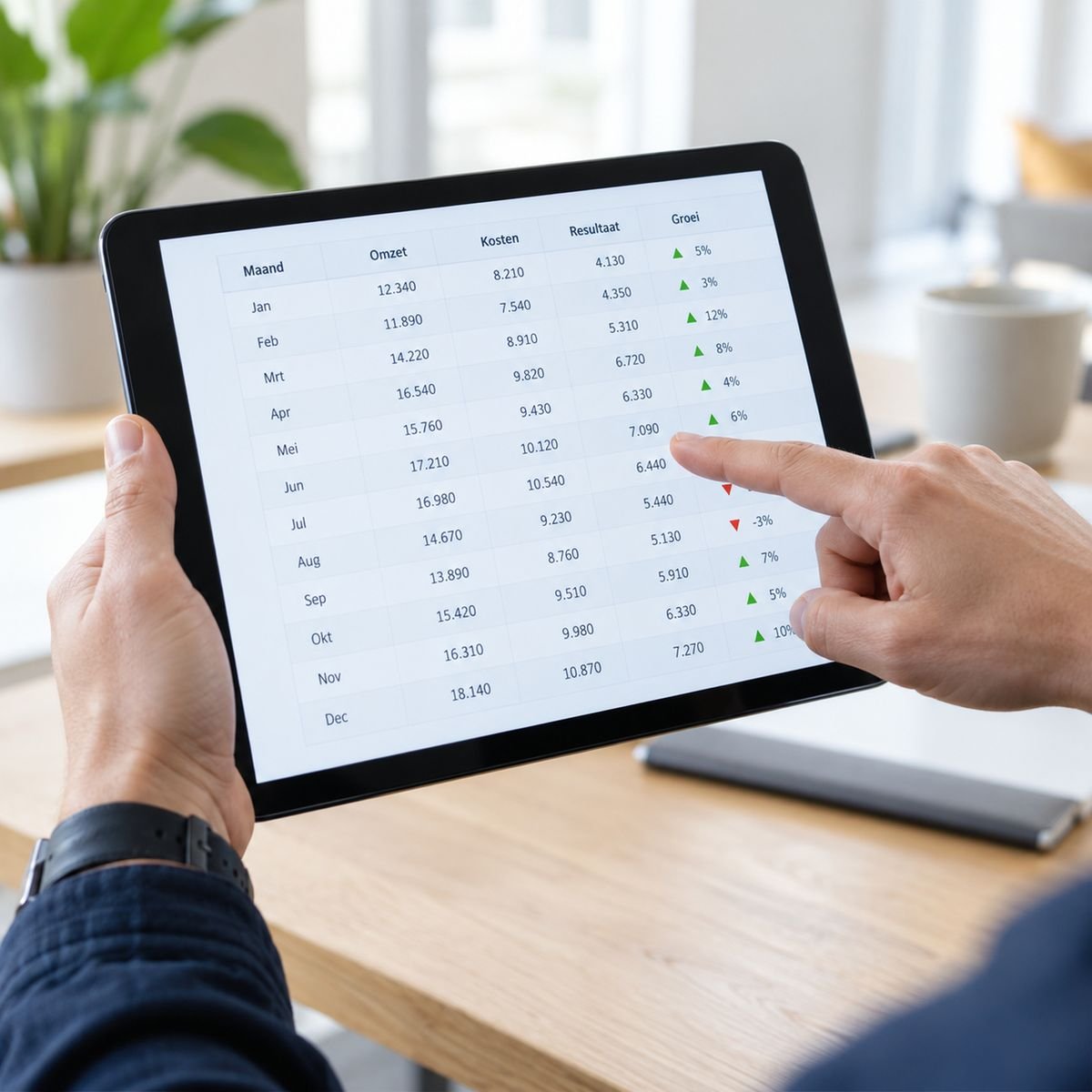 Tablet met een tabel met maandcijfers waarop iemand één regel aanwijst
