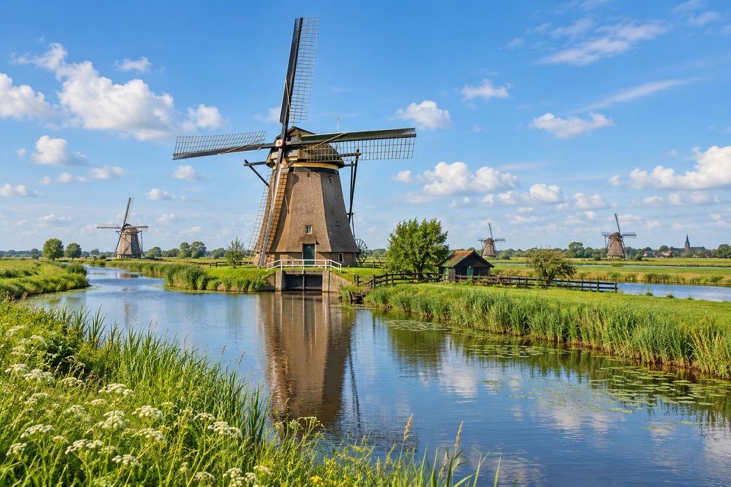 Illustratie van molens in het polderlandschap van de Alblasserwaard