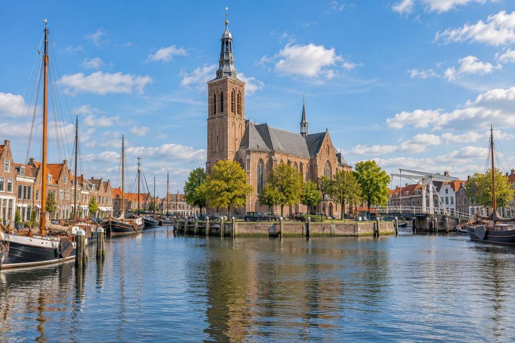 Illustratie van de haven en de Grote Kerk van Maassluis