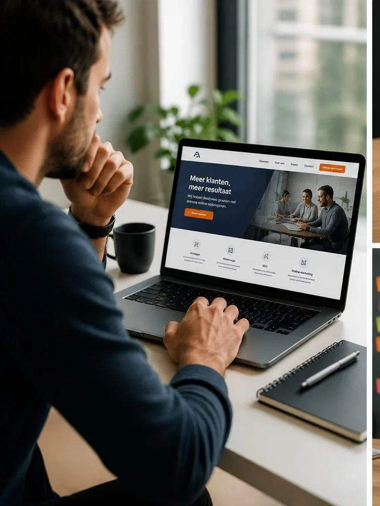 Ondernemer leest de openingszin op de homepage van zijn website op een laptop