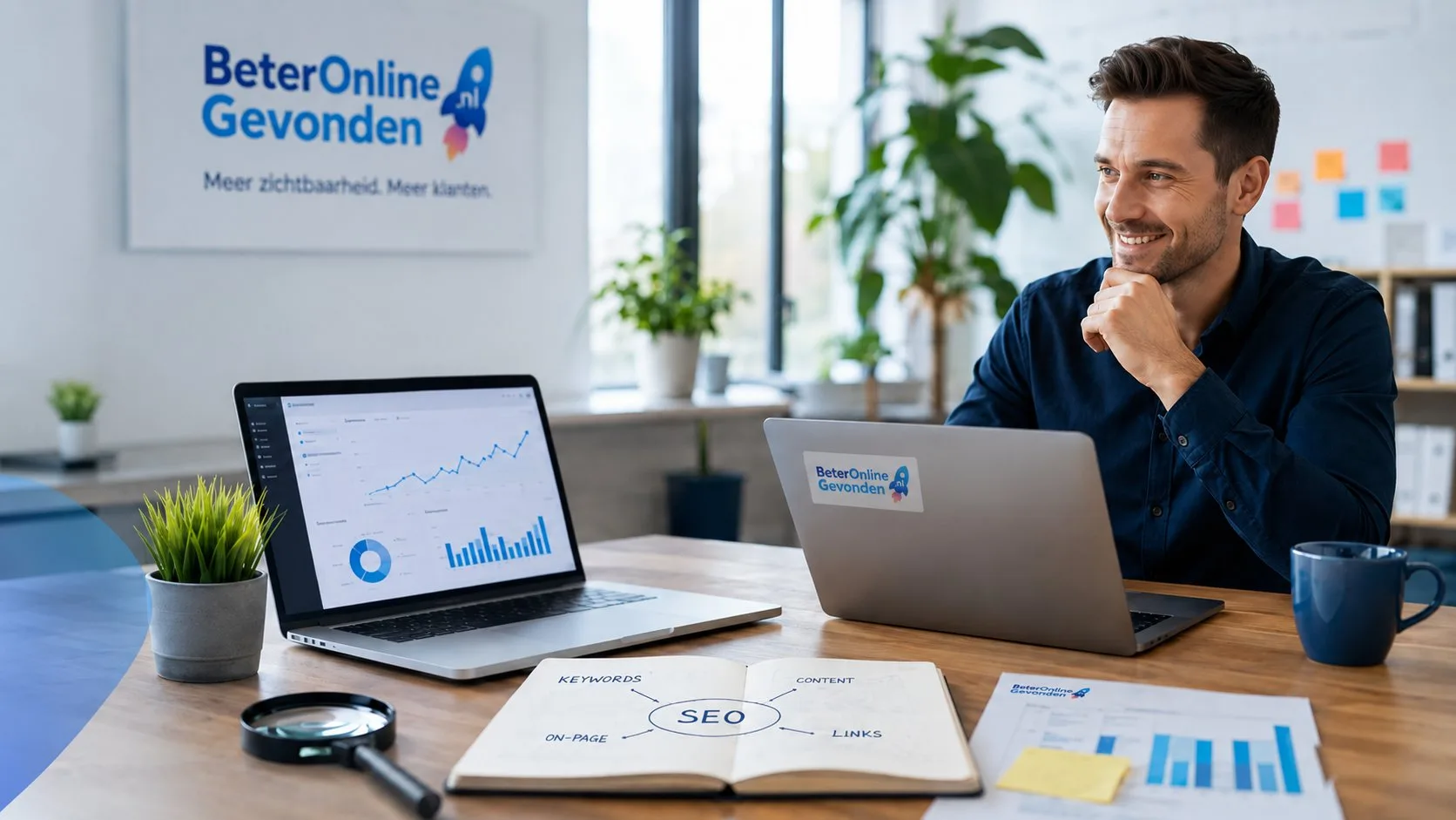 SEO-specialist bekijkt resultaten op een dashboard met grafieken, naast een schema met keywords, content, on-page en links