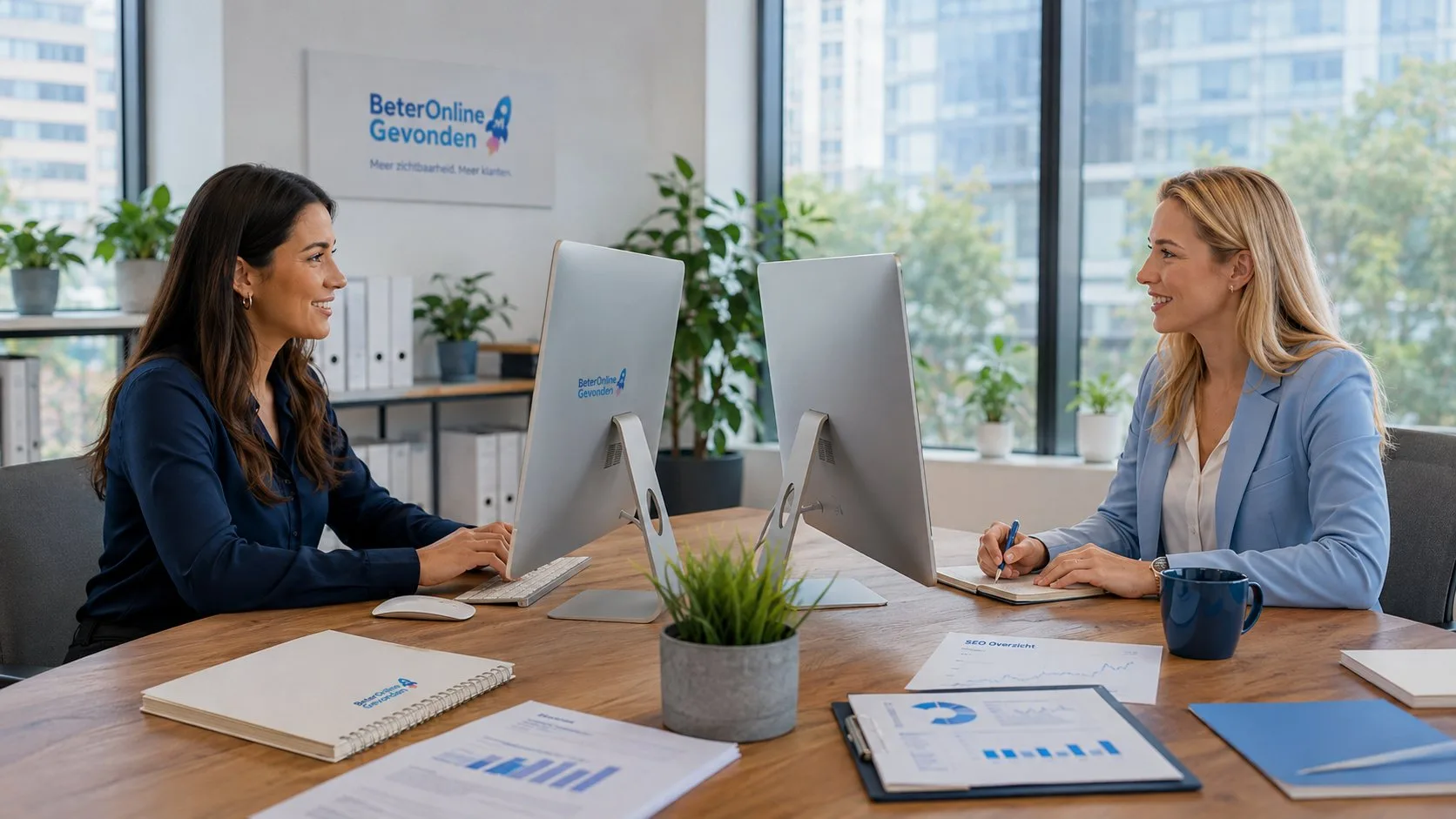 Twee teamleden van Beter Online Gevonden overleggen aan een kantoortafel over SEO-strategie en rapportages